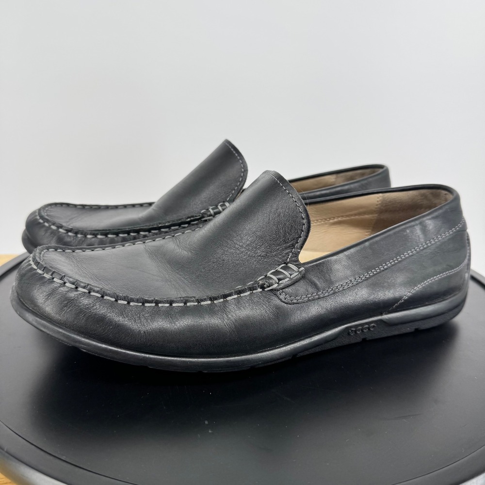 ECCO Mens Black Leather Moccasin Loafers Slip On Driving Shoes Size 42 M-014 EUC
